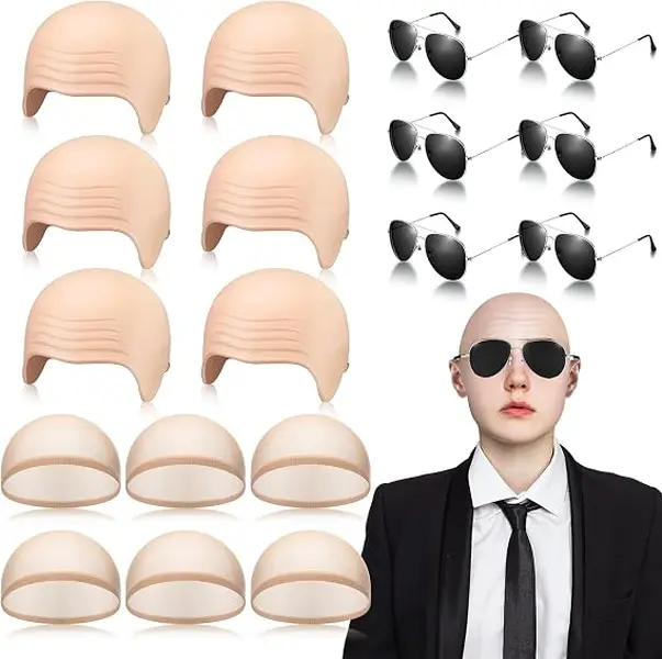Halloween Bald Cap with Sunglass Set 3/6/9/18 Pcs Concert Makeup Cap Latex Skin Tone Costume for Adults Men Women Cosplay Party Makeup