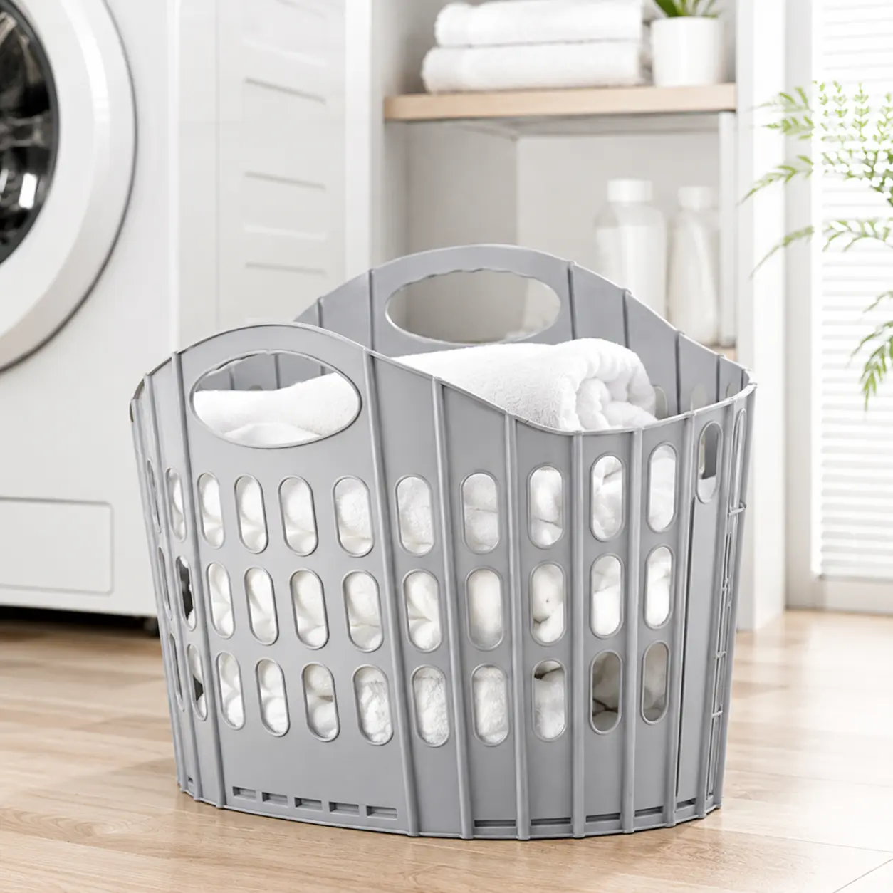 Collapsible Plastic Laundry Basket with Handles - Large Capacity Ventilated Organizer, Space-Saving Clothes Storage for Bathroom, Bedroom