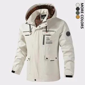 Men's Casual Hooded Softshell Jacket with Fashion Letter Print & Removable Hood Windproof Comfort Workwear Jacket for Outdoor Activities