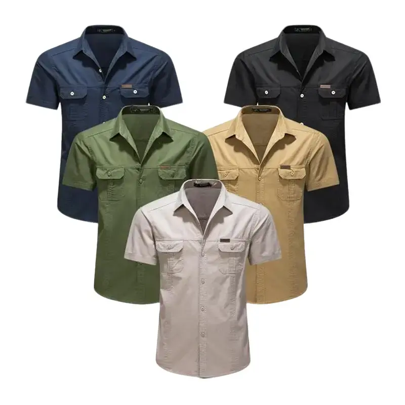 1-pack men’s short-sleeve work shirt — vintage button collar, chest pocket; casual top for summer outdoor camping, hiking, beach, and everyday wear; energetic lifestyle style; easy-care vintage design