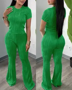 ChicMe Women's 2-Piece Pant Set Casual Textured Round Neck Tee & High Waisted Flared Trousers