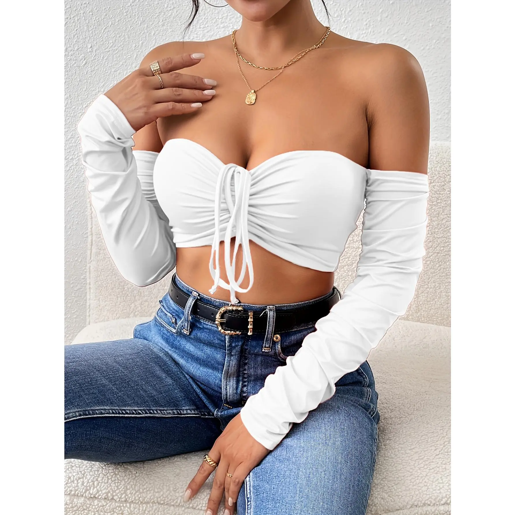 Sexy Ruched Long Sleeve Off Shoulder Crop T-shirt - Drawstring Front Nightclub Top - Women's Clothing