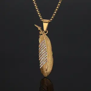 Vintage Goose Feather Quill Titanium Gold Plated Pendant Necklace hip hop bling