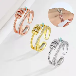 Bead Fidget Rings, Gold Rotatable Stress-Relieving Spinning Fashion Costume Jewelry Accessories, Fidget Ring Rings