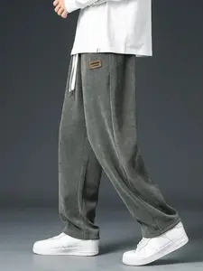 Men's Letter Patched Drawstring Waist Corduroy Pants, Loose Casual Comfy Straight Leg Trousers for Fall & Winter, Men's Bottoms for Daily Wear