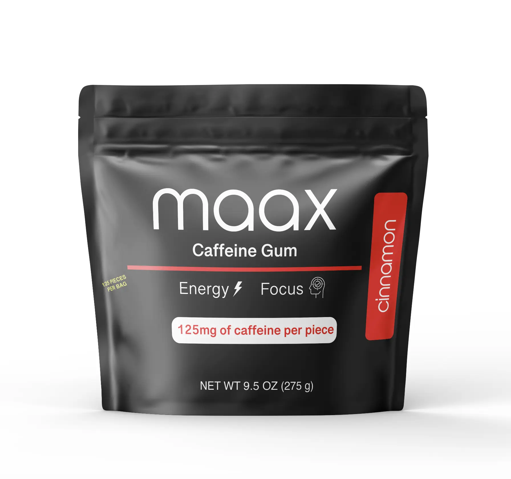 Maax Caffeine Gum | 125mg of caffeine per piece | Cinnamon | 125 total pieces per box | Energy and Focus