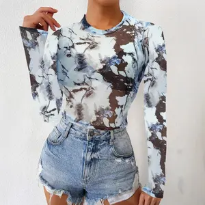 Niche Design Tie Dye Print Digital Printed, Slim Fit Crew Neck Long Sleeve Crop Top Women Mesh Short Shirt Blouse, Eye-Catching Personality, A Must-Have for Street Hotties, Comfy Chic Edgy Style