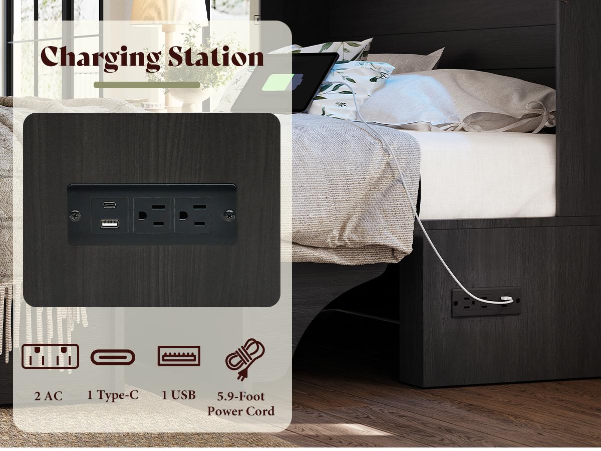 [Mattress NOT Included] [Ship in 2 Boxes] AMERLIFE Murphy Bed with Bookcase Headboard & LED Light, Farmhouse Cabinet Bed with Storage Drawer, Charging Station and Desk for Home Office/Guest Room/Small Spaces