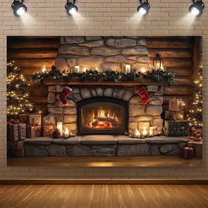 Christmas Stone Fireplace Background Photography Fabric Realistic Scene with Glowing Embers Warm Light Durable for Festive Occasions Weddings Home Decoration