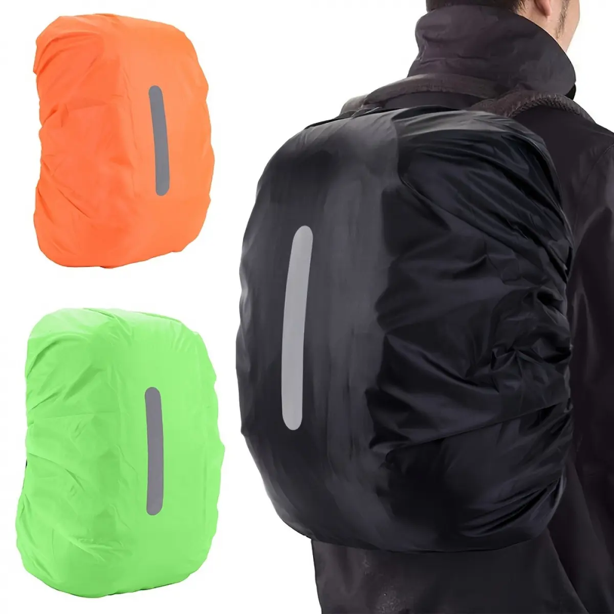 Reflective Backpack Cover 7.9-10.5gal - Dustproof Anti-Theft Bike Hiking Protector - Adjustable Polyester for Travel Camping Orange Green Black