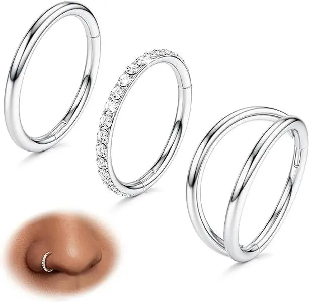 BodyBonita 3 Counts 316L Surgical Steel Double Hoop Nose Rings -16G/18G/20G Nose Rings Hoops Hinged CZ Septum Lip Rings Clicker Conch Piercing Jewelry