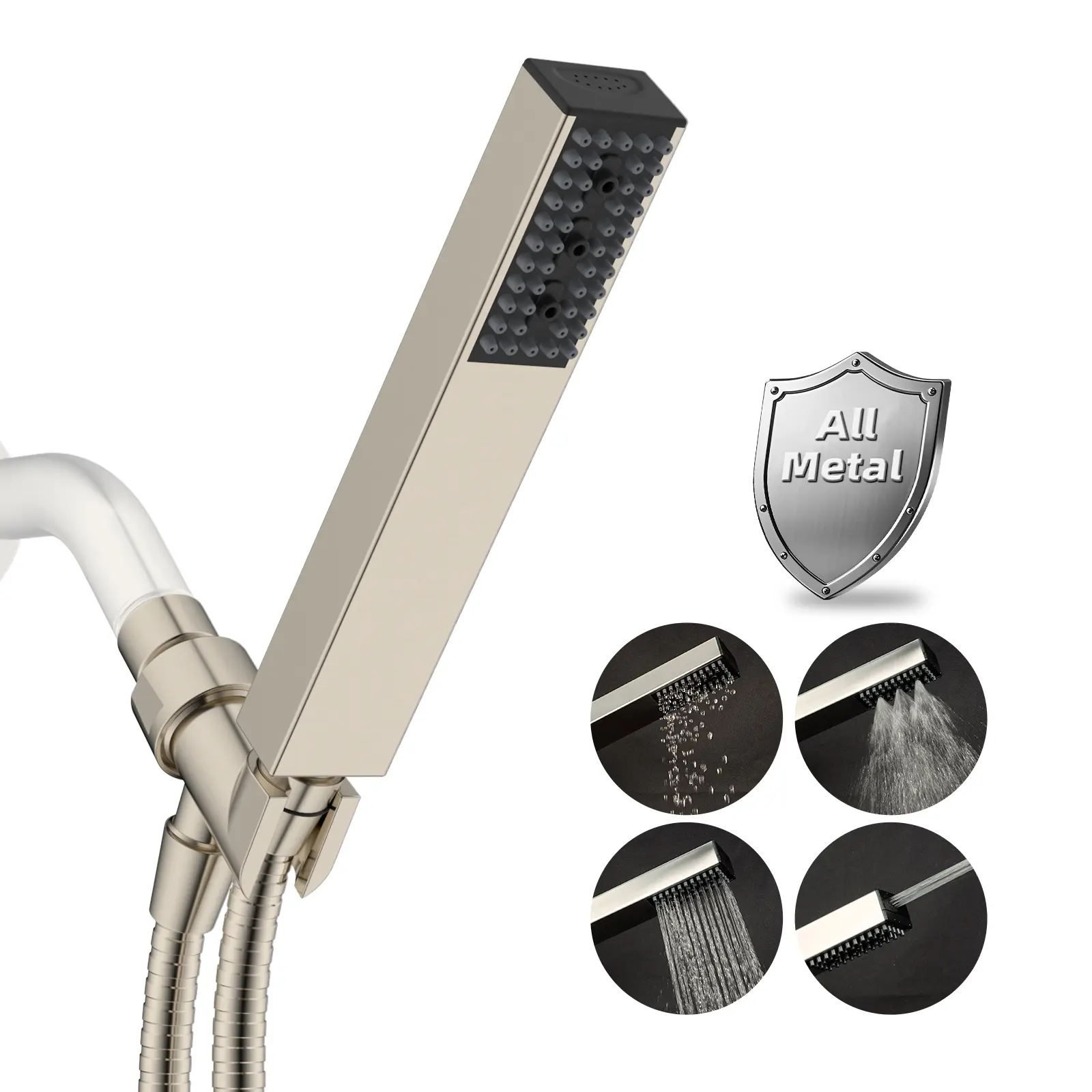 Hibbent All-Metal Handheld Shower Head Combo - Turbocharged Pressurized 4-Spray Stainless Steel Model, Built-In Washer for Tub Cleaning, Adjustable Brass Holder, 71" Hose, Brushed Nickel (Shower Head Replacement), Handheld Shower Combo