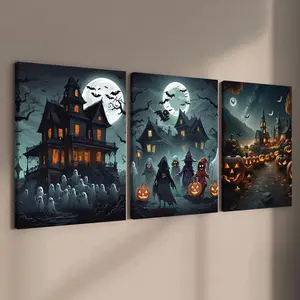 Halloween Themed Wooden Framed Canvas Painting, 3 Counts/set Scary Ghost Pumpkin Head Pattern Wall Art, Wall Decor for Home Living Room Bedroom Office