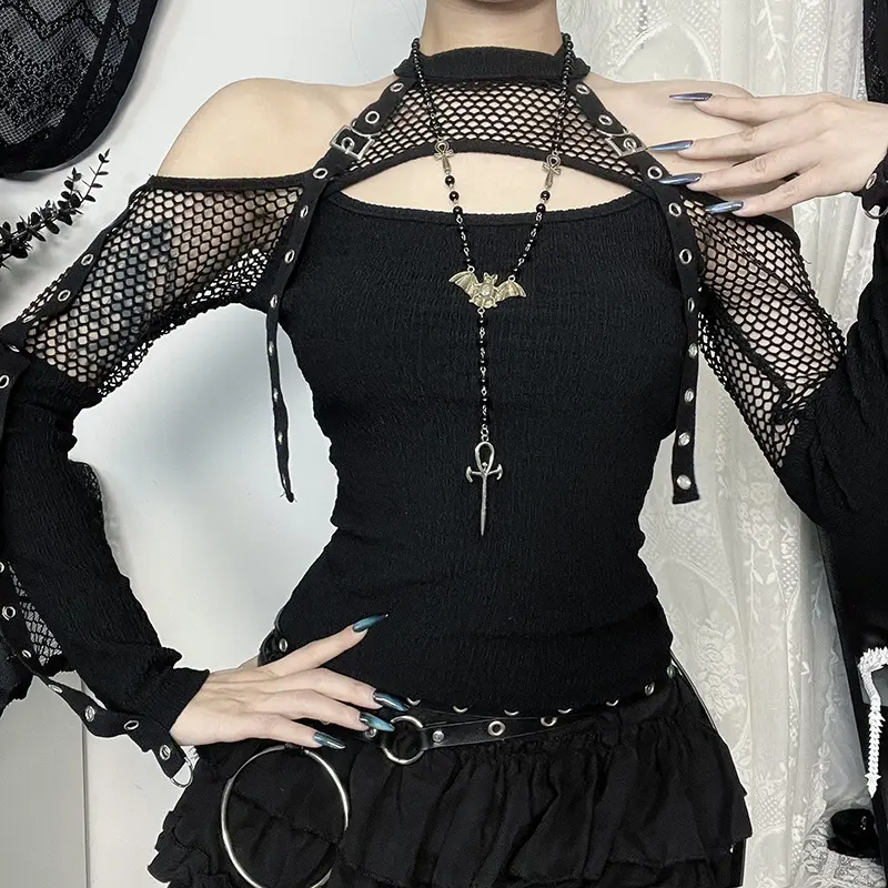 Street Style Sexy Hot Girl Fishnet Stitching Off-Shoulder Long Sleeve T-Shirt Women body  top