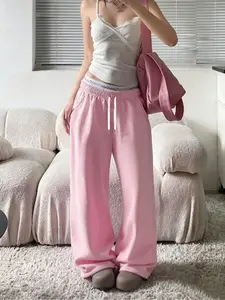 Women's Wide-Leg Pants, Sweet Cool Casual Style, Elastic Waist & Adjustable Drawstring Design, Loose Fit for Daily Wear & Home Leisure, Bottom