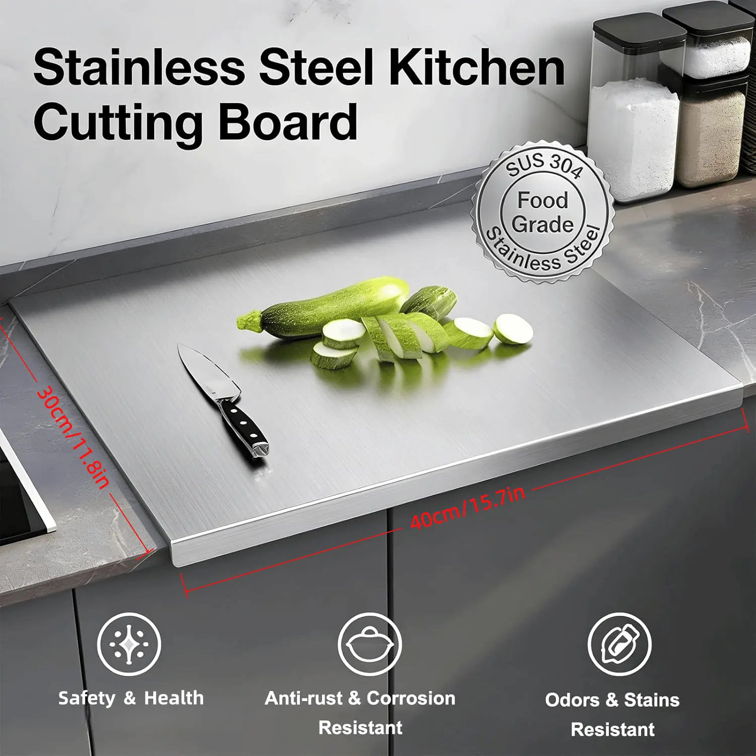304 Stainless Steel Chopping Board - 30cm*40cm Large, Anti-Bacterial, Odor & Stains Resistant Durable Kitchen Accessory for Meat, Dish Prep