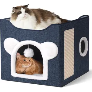 Houses for Indoor Cats, Large  Cave with Fluffy Ball and Scratch Pad, Covered  Bed House, Foldable  Hideaway