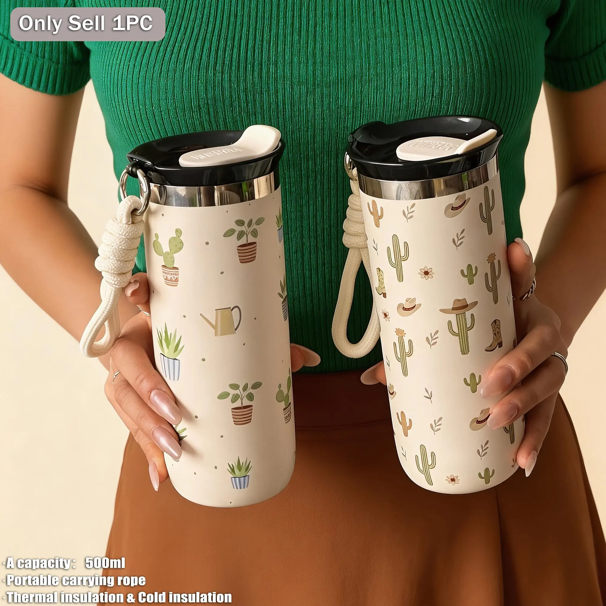 500ML Cactus Pattern Insulated Cup, Stainless Steel Double Wall, Vacuum Bottle, Silicone Straw, Outdoor, Office, Home, Gift, Vacuum Insulated Flask, Double Walled Tumbler, Drinkware, Insulated Travel Drinkware