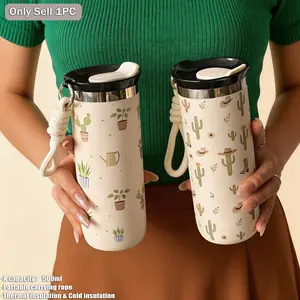 500ML Cactus Pattern Insulated Cup, Stainless Steel Double Wall, Vacuum Bottle, Silicone Straw, Outdoor, Office, Home, Gift
