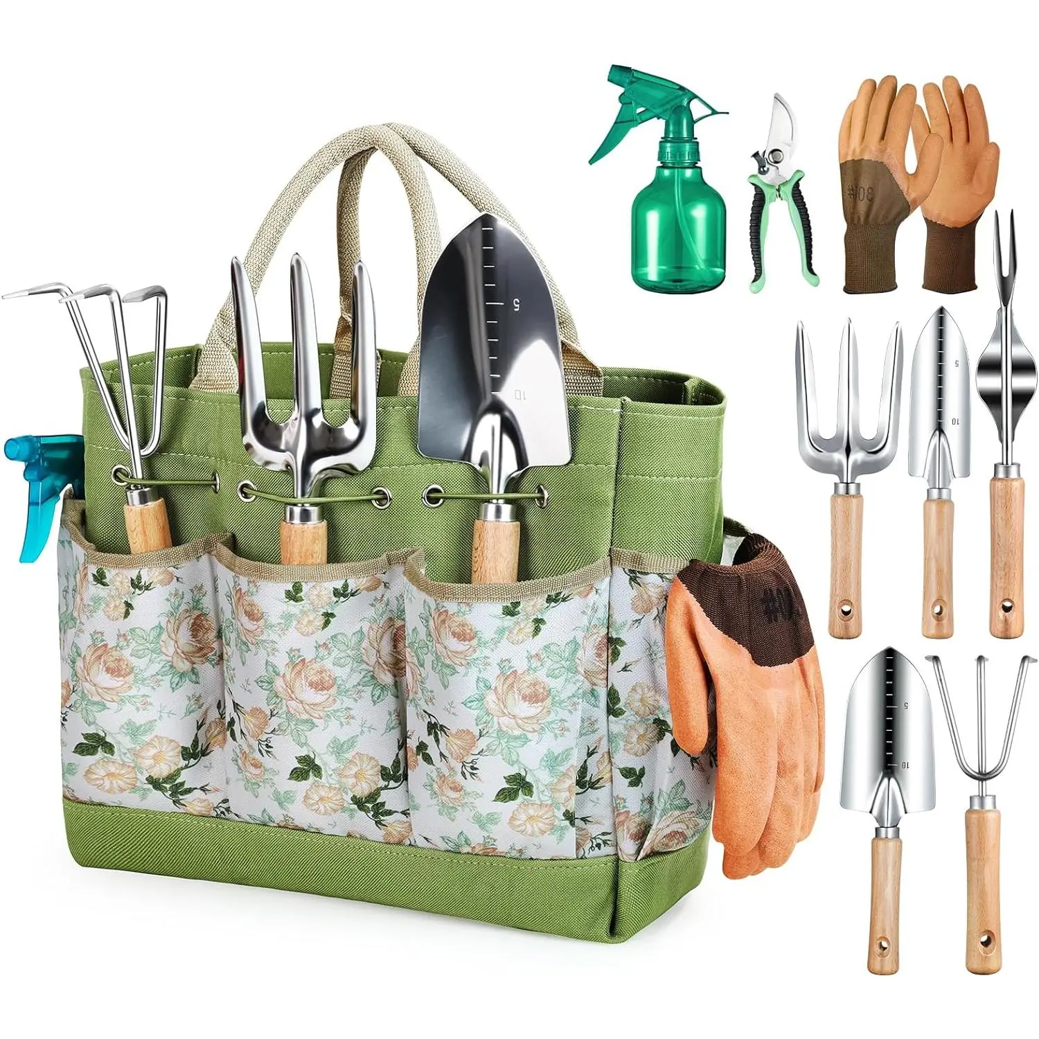 Gardening Tools 9- Heavy Duty Gardening Hand Tools with Fashion and Durable Garden Tools Organizer Handbag,Rust-Proof Garden Tool Set, Ideal Gardening Gifts for Women