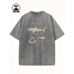 Great White Shark Anatomy Vintage Acid Washed Graphic Tee, Men's 100% Cotton Crewneck Streetwear T-Shirt for Summer