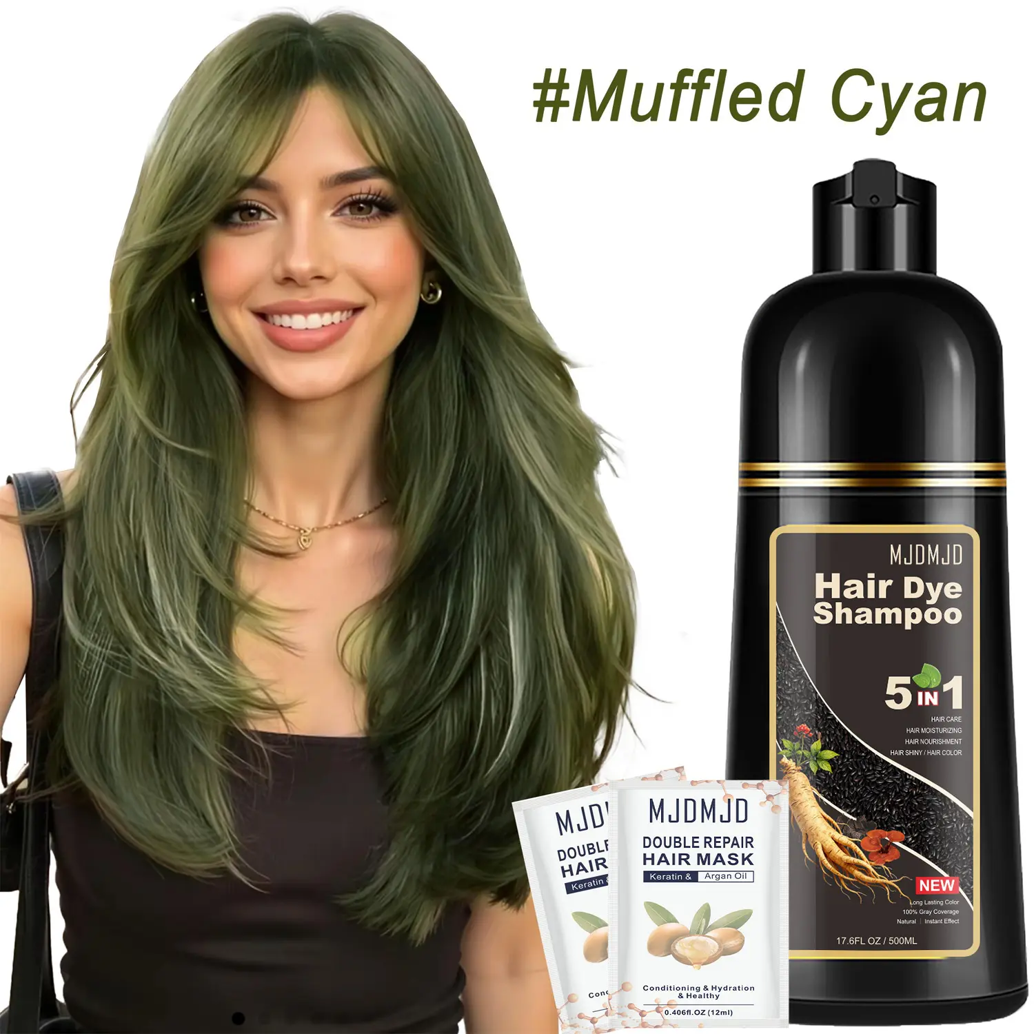 5 in 1 Muffled Cyan Hair Color Shampoo for Gray Hair 500 ML Instant Hair Dye Shampoo for Men & Women,champu para teñir el cabello,Colors in Minutes,Easy to Use,Vegan,Ammonia-Free(included two free hair mask samples)