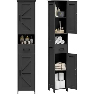67" H Tall Bathroom Storage Cabinet with 2 Barn Doors and 1 Drawer, Narrow Storage Unit, Adjustable Shelves, Floor Cabinet for Bathroom, Living Room, Entryway, Kitchen, Black, (11.8" W)