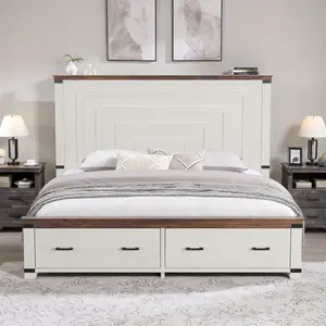 REDLEMON Rustic Wood Bed Frame – 54" Geometric High Headboard, Two Large Storage Drawers, Sturdy Wood-Slat Support, No Box Spring Needed