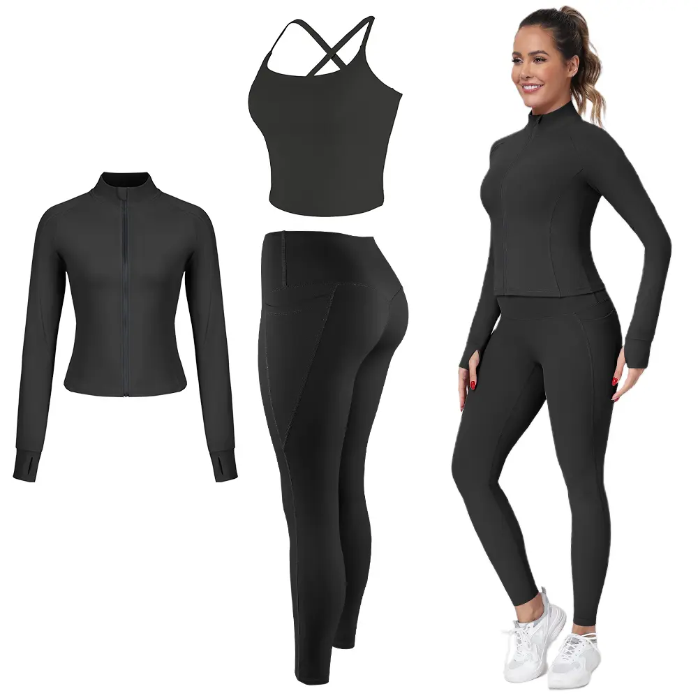 【LOCAL FAST SHIPPING】2026 NEW 2/3/4 Piece Workout Set S-2XL - Longline Sports Bra + Side Pockets Leggings/Shorts + Full Concealed Zip Jacket with Collar Shield – Women’s Yoga Outfit Activewear for Gym Running Training Lightweight Compression Sportswear