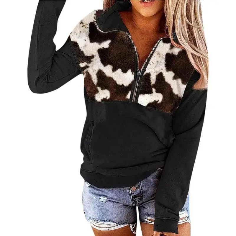 Women's 2024 Casual Aztec Cow Print Zipper Collar Pullover Sweatshirt Western Cowgirl Ethnic Style Hoodies Women's 2024 Casual Aztec Cow Print Zipper Collar Pullover Sweatshirt Western Cowgirl Ethnic Style Hoodies