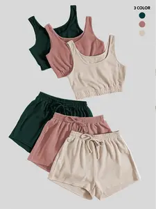 Women's Solid Summer Co-ord Set, Women's 2 Piece Sets, Scoop Neck Crop Top & Drawstring Shorts Set, Basic Back To School Summer Outfits Clothes Set for Daily Wear, Two Piece Set Women, Sweatsuit Set Outfit, Womenswear
