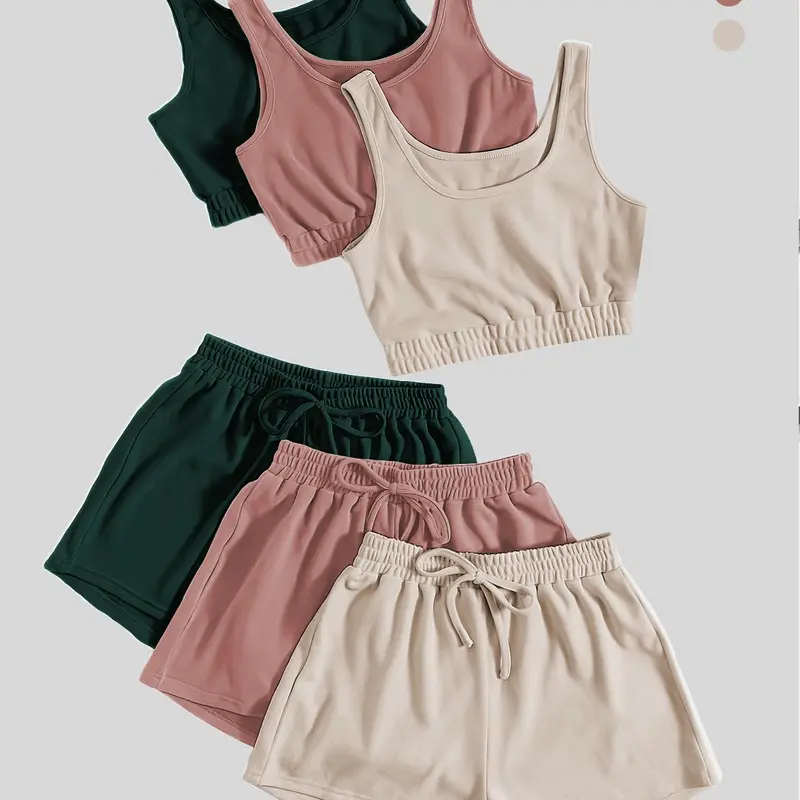 Women's Solid Summer Co-ord Set, Casual Everyday Set, Casual Style, Scoop Neck Sleeveless Crop Tank Top & Elastic Drawstring Shorts, Back To School Outfits for Daily Wear