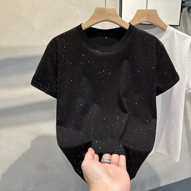 Men's Starry Sky Rhinestone T-Shirt - Menswear Round Neck Top, Casual Streetwear Short Sleeve Cotton Tee with Starry Sky Shine Stones