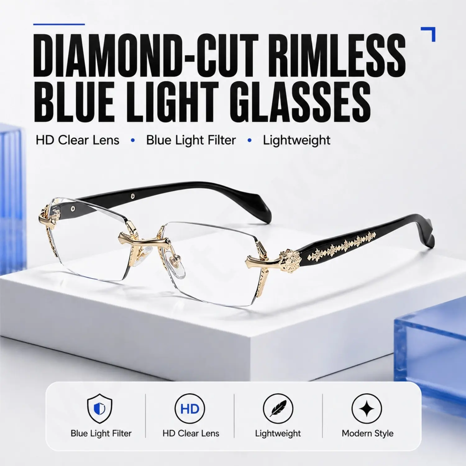 Rimless Blue Light Blocking Glasses, Diamond Cut Frameless Rectangle Glasses for Women Men, HD Clear Lens Fashion Eyewear, Lightweight Vintage Y2K Computer Glasses for Gaming Reading Work