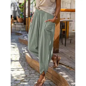 2025 Women Spring Summer Vintage Boho Cotton Linen Beach Pants Female High Waist Solid Loose Pockets Trousers Casual Pantalones