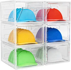 Hat Organizer Box, 6 Boxes for 40 Pack Hats, Upgrade Harder Solid Plastic Hat Organizer for Baseball Caps, Clear Hat Storage with  Door, Hat Rack Holder Case, White