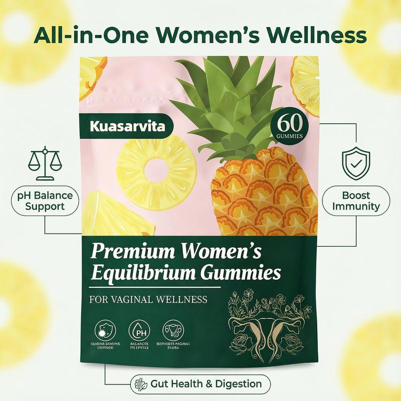 Feminine Balance Gummies Premium Hawaiian Pineapple Flavor for women pH Health Immune Energy Support Vegan Gluten-Free 60 Count