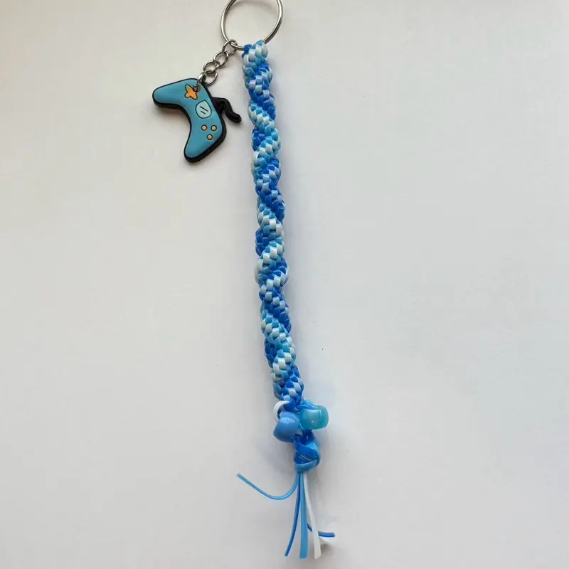 “PlayStation” Inspired Chill Mode Rexlace Keychain in Icy Blue Deep Blue & White Braided Design with Controller Charm and Matching Beads