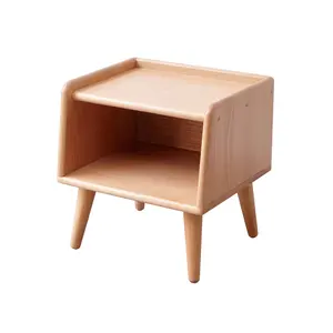 Round Beechwood Nightstand with Open Storage, Mid Century Walnut Finish Bedside Table with Cable Management Hole, Compact Small Side Table for Bedroom Living Room