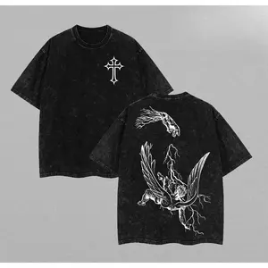 Washed Fallen Angel-Divine Judgment Graphic Tee, Christian Bible Verse Religious Aesthetic Oversized T-Shirt, Men's Streetwear Gym Top, Spiritual USA Church Easter Apparel