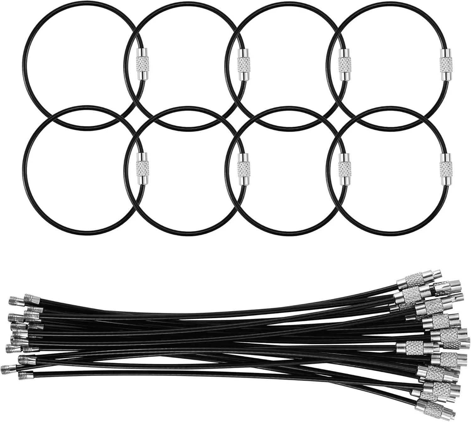 25-Pack Nylon Coated Stainless Steel Wire Keychain Cables, 5.9in 2mm Twist Barrel Chain-Attached Circular Ring Hangable Everyday Carry Keychains for Luggage Tag Loops, Black, Chain-Attached Keychains