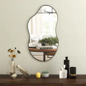 SHYFOY Asymmetrical Wall Mirror Decorative Large Irregular Mirrors for Wall Decor Living Room Modern Black Framed Wavy Mirror for Entryway,22"x36"