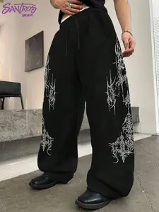 Unisex Black Wide Leg Sweatpants with Dark Gothic Tribal Cross Print Alt Streetwear Pants
