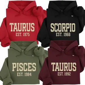 (LEAVE A NOTE OR DM SHOP) Full 12 Zodiac Minimalist Hoodie, Astrology Sign “EST” Year Graphic Sweatshirt, Modern Horoscope Unisex Pullover for Men and Women, Cozy Star Sign Hoodie, Trendy Birthday Gift for Zodiac Lovers - AL
