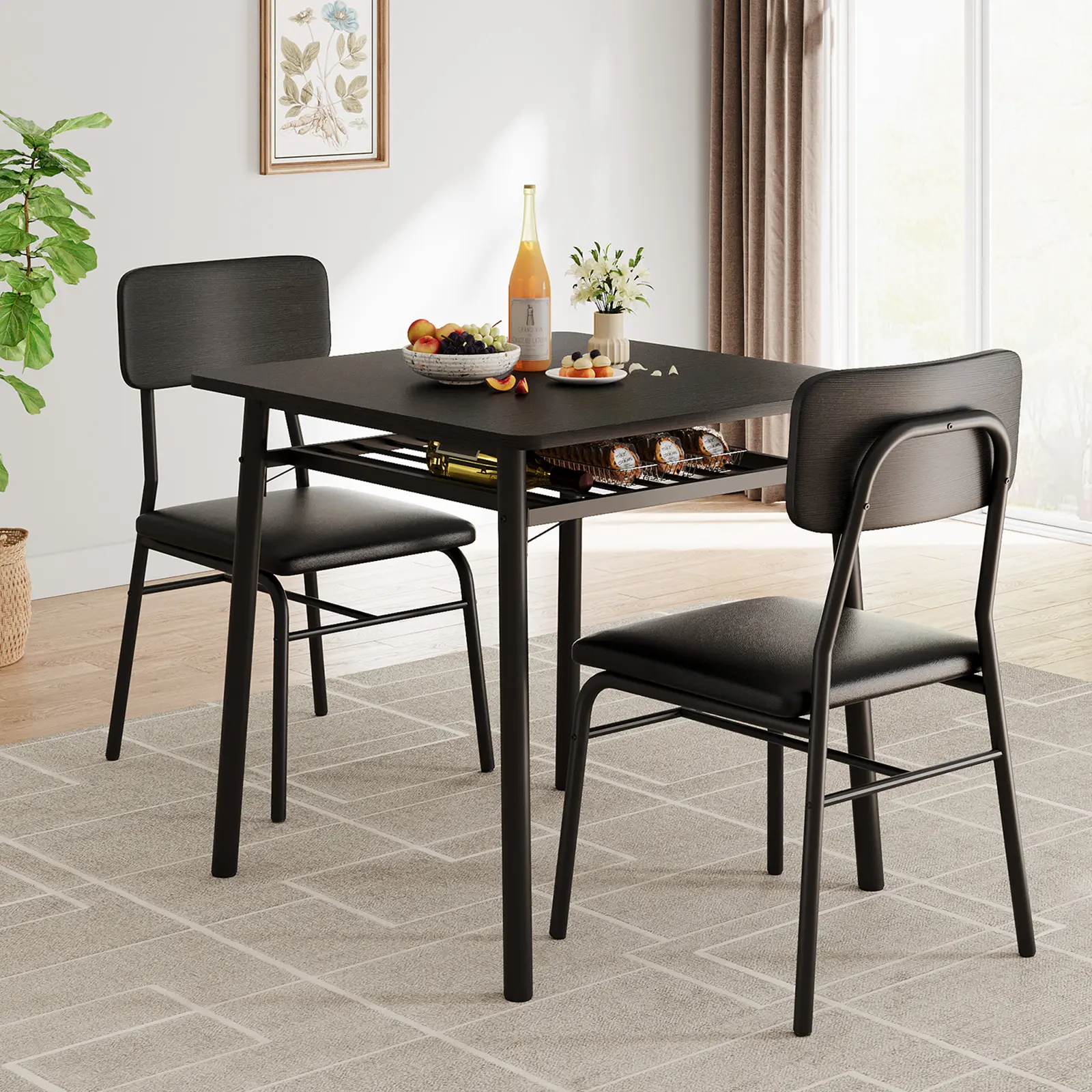 Indoor Wood Dining Table Set - 3-Piece Contemporary Engineered Wood Square Table with Storage Rack & PU Leather Upholstered Seat Chairs, Sturdy Metal Frame, Space-Saving for Small Apartments, Assembly Required (Black/Gray/Brown Optional, Includes Guide)