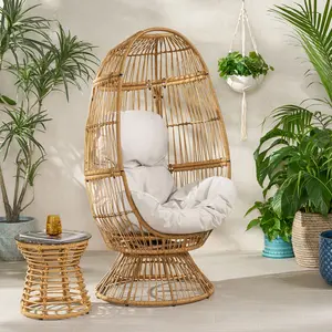 Reseda Swivel Patio Egg Chair Outdoor Garden Dining Chair with 360-Degree Swivel, Comfortable Hanging Egg Seat for Patio, Poolside, Balcony, Backyard, Porch, Single Seat, Light Beige, Dining Room Chairs for Kitchen, Dining Room, Living Room