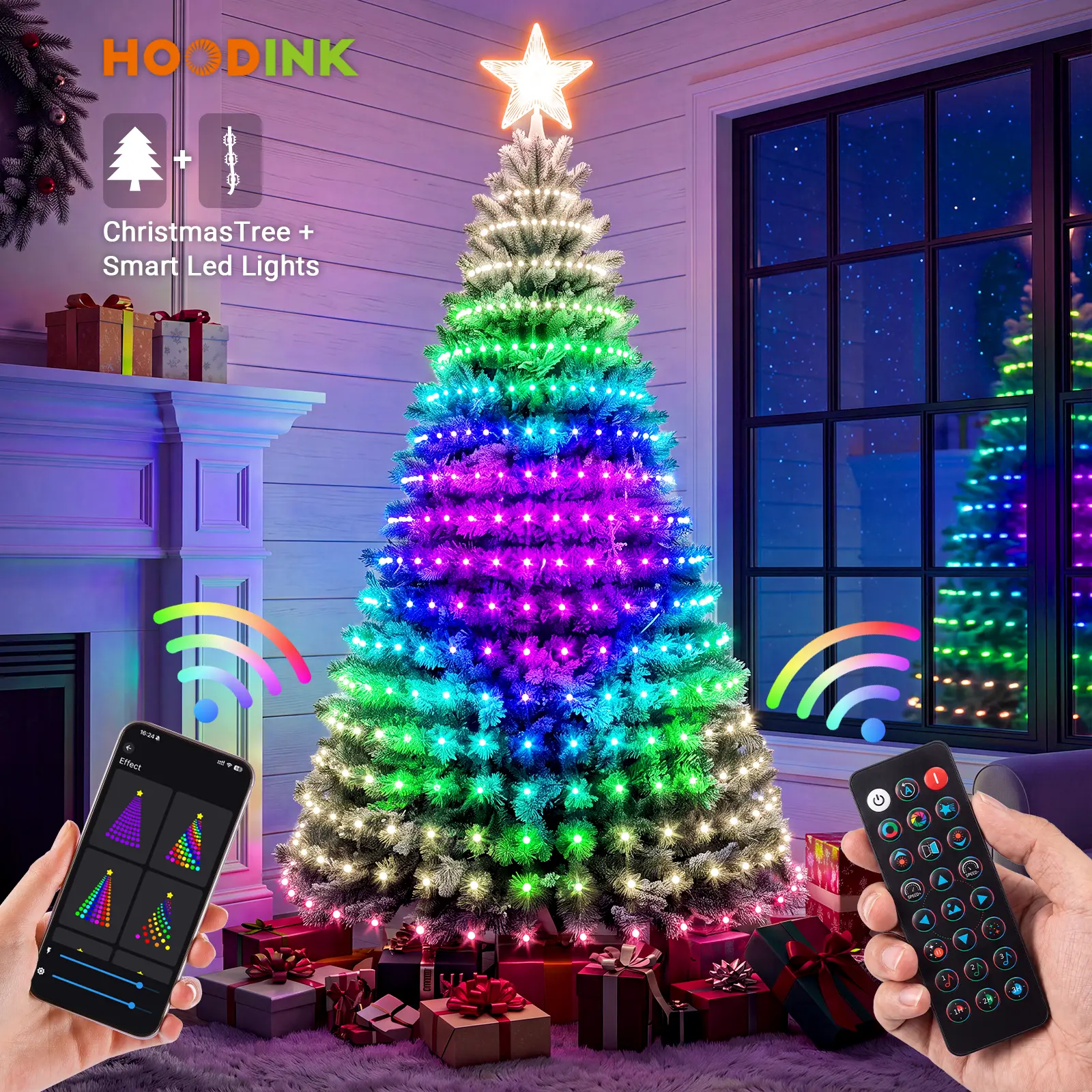 HOODINK Snowflake Christmas Tree with Smart LED String Lights, APP Control, Dimmable, DIY Lighting Effects, Holiday Home Decoration