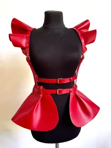 Handmade Vegan PU Leather Ruffle Belt Set, Punk Waist Cincher, Shoulder Pad, PU Leather Ruffle Bra Set, Stage Accessories Carnival Costume