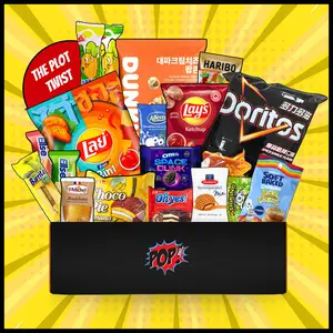 The Plot Twist | Premium Mystery Snack Box | 16 Count Snack Box (Mystery Snacks) 2LB Snack Box Multipack | International Snacks, Asian Snacks |  Snack Gift Basket with Chips, Drink, Candy & Cookies | Sweet Care Package for Adults & College Students