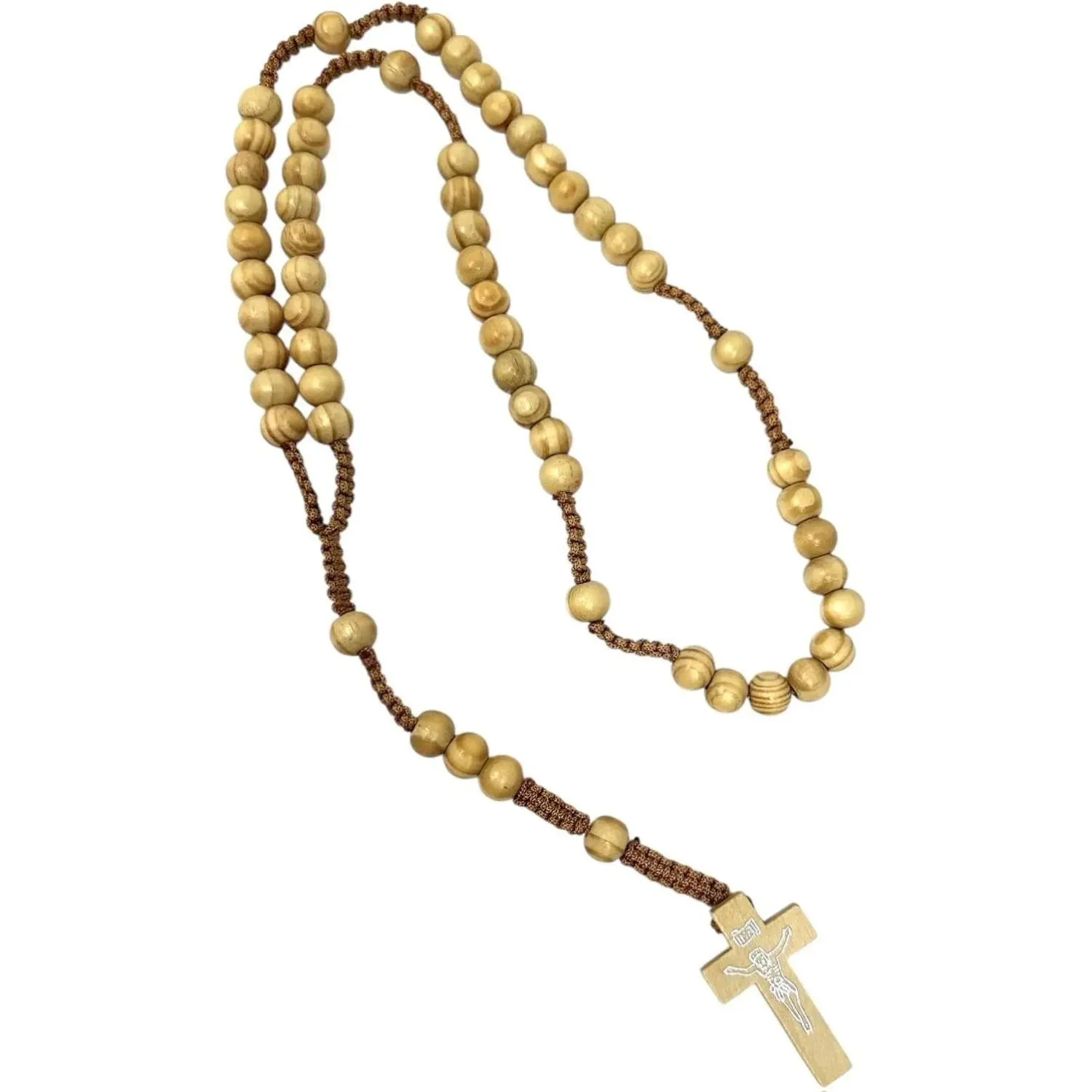 Rosary Necklace Unisex Wooden Brown Carved Beads Strong Macrame Cord 26 Inches Catholic Prayer Beads Handmade Spiritual Accessory